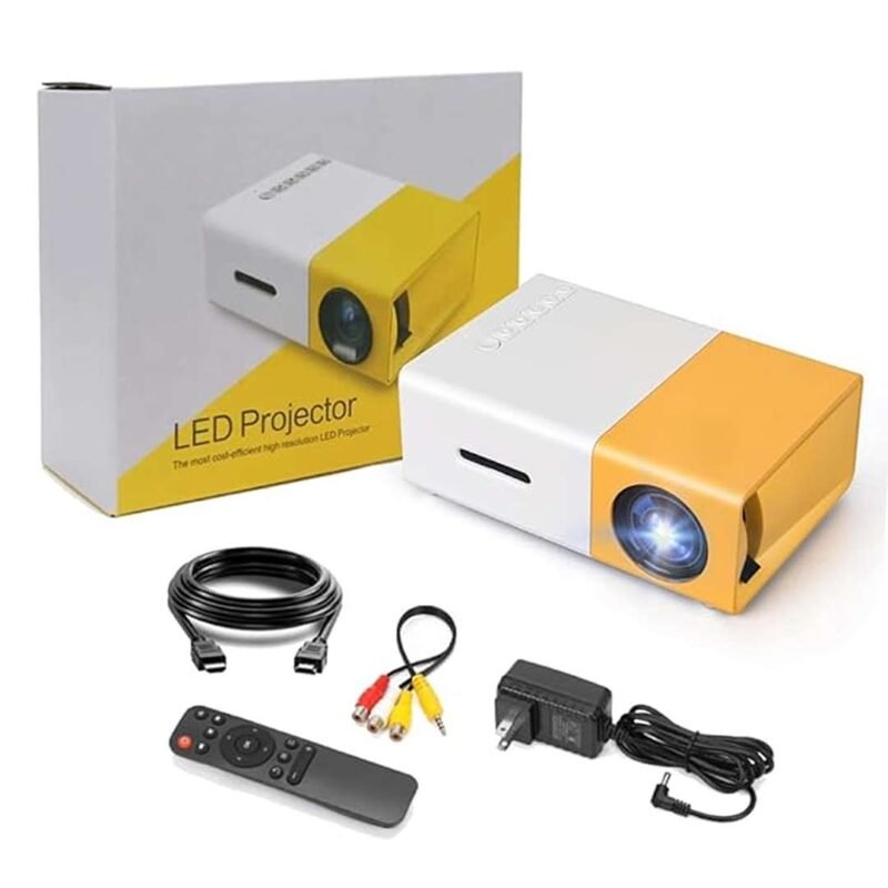 A compact yellow and white LED projector with its box, remote control, power adapter, AV cable, and HDMI cable arranged in front.