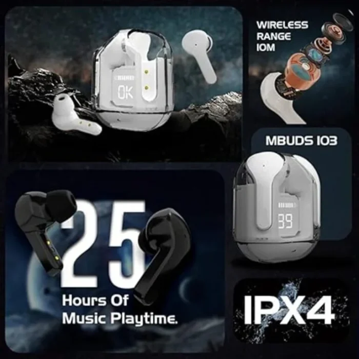 Ultrapods TWS Earbud, Bluetooth Earbuds with Display, Transparent Design, 30Hrs Playtime & Fast Charging, Bluetooth 5.3 + ENC, 13mm HD BASS Drivers, IPX7 Sweat-Proof, Built-in Mic(White/Black)) - Image 2